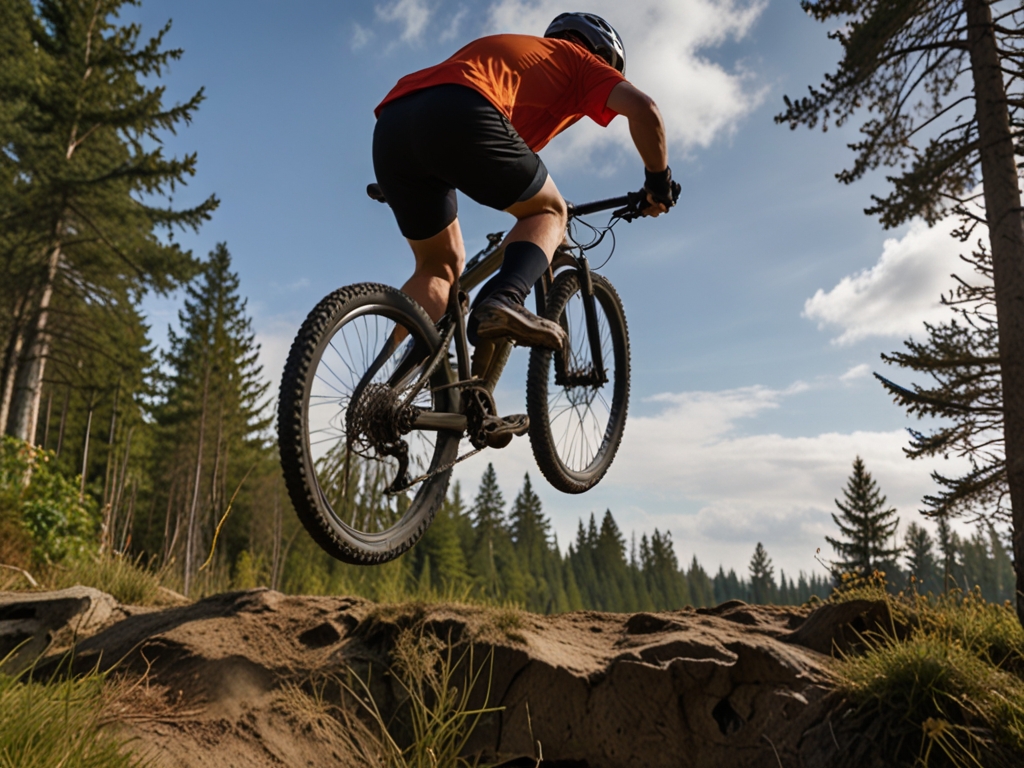 Cyklist som hoppar över en klippa i skogen